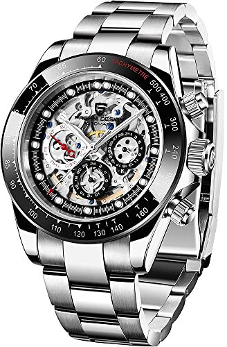 Pagani Design Herren Automatikuhr Diamant Regenbogen Automatik Mechanisch Wasserdicht Edelstahl Chronograph Skelett Herren 40mm (Silber Schwarz)