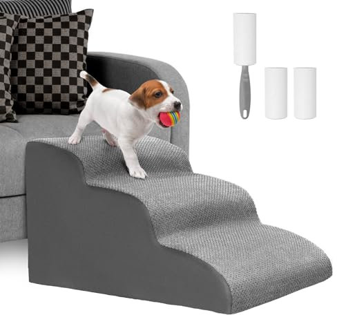 Lannvan Escalier pour Chien à 3 Marches - Escaliers pour Animaux en Éponge pour Canapé et Lit - Rampe pour Chien Chat avec Housse en Tissu Amovible et Lavable - Envoyer Rouleau Poils Animaux - Gris