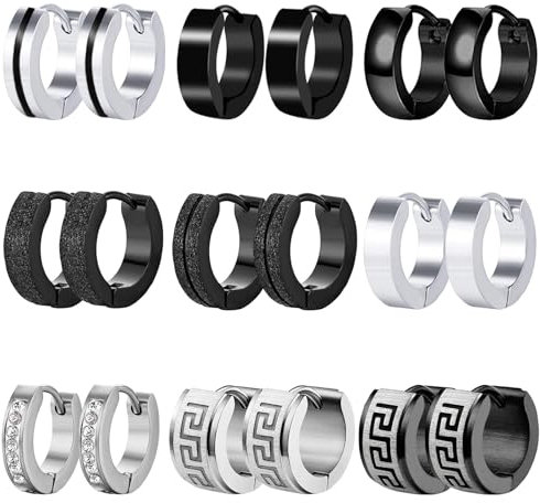 9 Paare Herren Ohrringe Edelstahl Creolen Männer Frauen Schwarz Silber Hoops Earrings Set Knorpel Helix Piercing für Damen