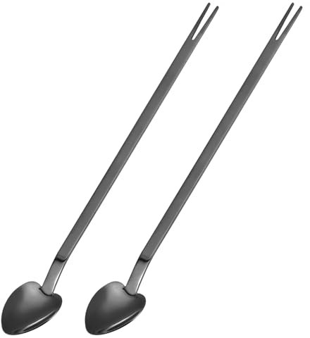 QUARKZMAN Cucharilla de Bar para Coctel, Cuchara de Mezcla de Acero Inoxidable, Tenedor de Frutas de Doble Uso, Reutilizable, para Mezclar Bebidas de Coctel, Negro, 2 Unidades