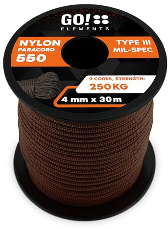 GO!elements 30m Paracord Seil aus reißfester Nylonschnur - 4mm Paracord 550 Typ III Schnur - geeignet als Allzweckseil & Reepschnur - Max. 250kg, Farbe: Braun