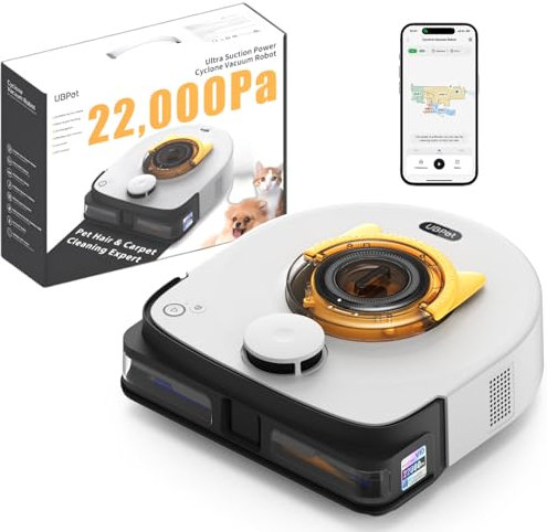 UBPET 22000 Pa Saugkraft Saugroboter für Tierhaare auf Teppichen und Böden, Zyklon Staubsauger Roboter, Automatischer Roboterstaubsauger mit LiDAR-Navigation, WiFi/App Steuerung, Selbstaufladend, V10