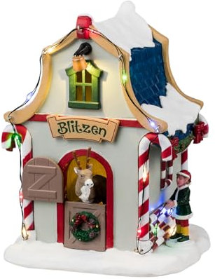 Lemax - Blitzen`s Den: Dekorative Bauernhaus-Skulptur aus Resin, Brown, Red, Green, für Indoor, Weihnachten, 2024, 4.00 x 3.54 x 5.2 inches