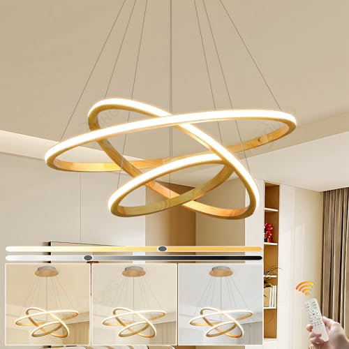 WayLuoung Holz LED Kronleuchter, Deckenleuchte, Dimmbare 3 Ring Holzleuchte, Verstellbare Kreis Pendelleuchte Kücheninsel Esszimmer Wohnzimmer Foyer Zum Aufhängen 【20+40+60cm】