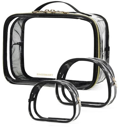 BAGSMART Kosmetiktasche wasserdichte Transparente Wash Bag Aufbewahrungsbox Flughafen-Airline-Tasche Dreiteiliges Set,Schwarz