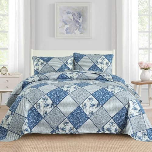 WONGS BEDDING Tagesdecke 220x240 Blue Floral Patchwork Bettüberwurf Gesteppt Bedspreads Blumen Muster Steppdecke Mikrofaser kariertem Tagesdecke mit 2 Kissenbezug 48x75