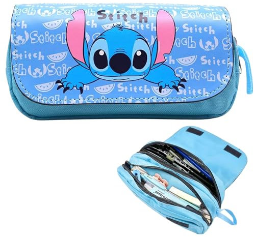 DONGSZQ Stitch Trousse à Crayons, Stitch Scolaire Trousse, Crayons de Grande Capacité Sac, Portable Trousse à Crayons Dessin Animé, Étudiants Fournitures de Bureau pour Filles Garçons