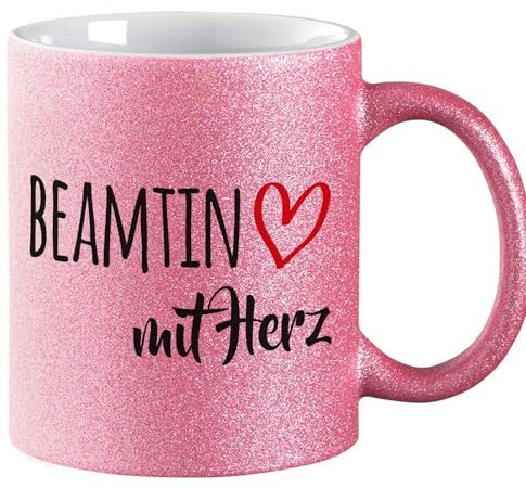 Huuraa Glitzer Kaffeebecher Beamtin mit Herz Geschenk 330ml Pink Beamtin Mitbringsel
