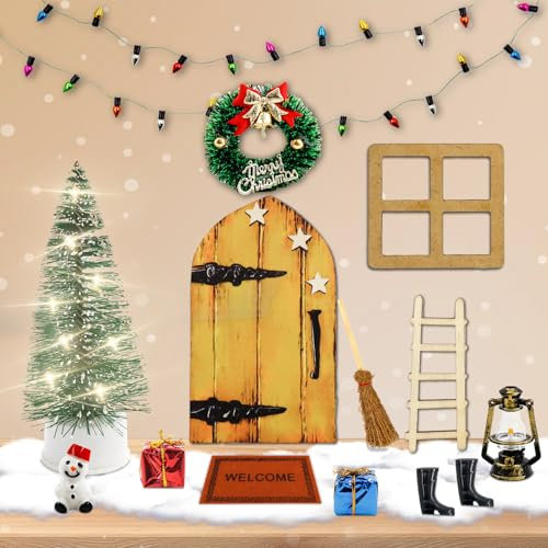 TaimeiMao Juego de Accesorios para Puerta de Navidad 16 Pcs,Arbol de Navidad con luz,Decoración Puerta Madera,Miniatura Casa de Muñecas Navidad,Decoración de Navidad,Regalo DIY para Niños