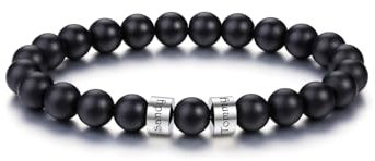 PiercingJak Herren Armband mit 2 Namen Gravur Männer Perlenarmband 8mm Schwarz Achat Perlen Armbänder Edelsteine Spiritueller Schmuck Personalisierte Geschenke für Mann