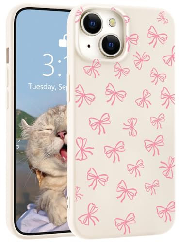 LuminousGuard for iPhone 13 Mini Case, Cute Kawaii Pink Bow White Liquid Silicone Phone Case Slim Fit Soft Gel Rubber Protective Phone Cover for Women Girls
