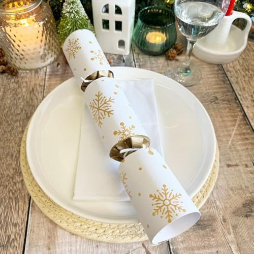 Luck and Luck 6 Knallbonbons für Weihnachten, Winter, Schneeflocke, nachhaltiges Geschenk, goldfarbene festliche Party-Tischdekorationen, traditionelle Weihnachts-Knallbonbons, Dinner-Party-Spaß,