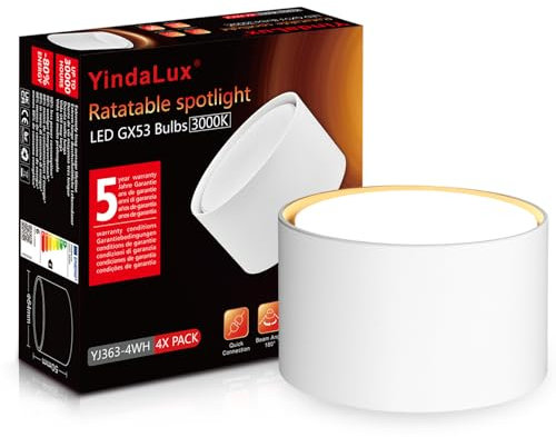 YindaLux 1x LED Aufbauspot Weiß Matt Ø84x50mm Aufbaustrahler 6W 680LM GX53 LED Warmweiß Aufputz 230V 180° Abstrahlwinkel Deckenspots aufbauleuchte aus Aluminium Spots Deckenleuchte Rund