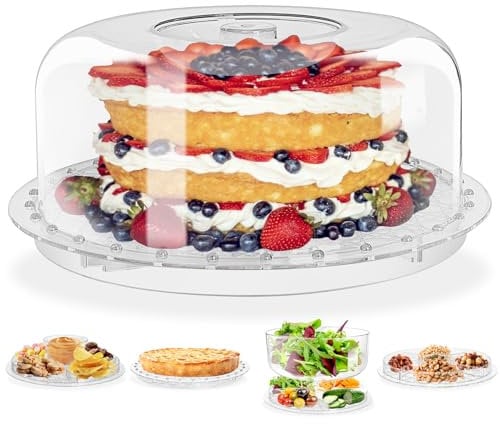 NWK 12 inch 6 in 1 Acrylic Cake Stand with Dome Lid, Multifunctional Clear Display Cake Stand, Food Tray