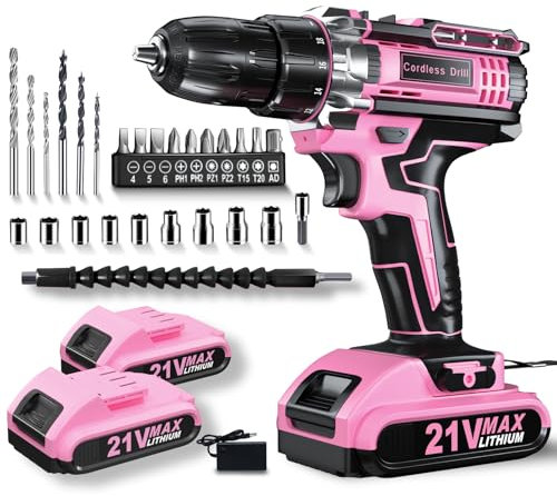 Ensemble de perceuses sans fil rose 21 V et tournevis avec 2 batteries, mandrin de 10 mm, perceuse électrique 25 + 1, perceuse combinée à 2 vitesses, 27 accessoires pour réparation de maison