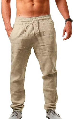 Litthing Mens Linen Trousers Casual Summer Pants Elasticated Waist Drawstring Trouser Men's Holiday Beach Pant with Pockets Lightweight Loose Fit Cotton Jogging Bottoms Khaki