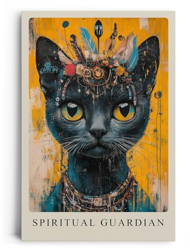 Paul Sinus Leinwandbild 60x90cm Spiritual Guardian mystische schwarze Katze spirituell faszinierend Symbolik kraftvolle Farben goldene Augen