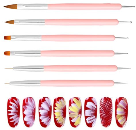 WeddHuis Pinceaux Professionnels pour Ongles en Gel, 6 Pièces, de Haute Qualité, Spécialement Conçu pour la Poudre Acrylique, avec Capuchon, Fins Liner/Plat/Rond/French, Ongles avec Strass