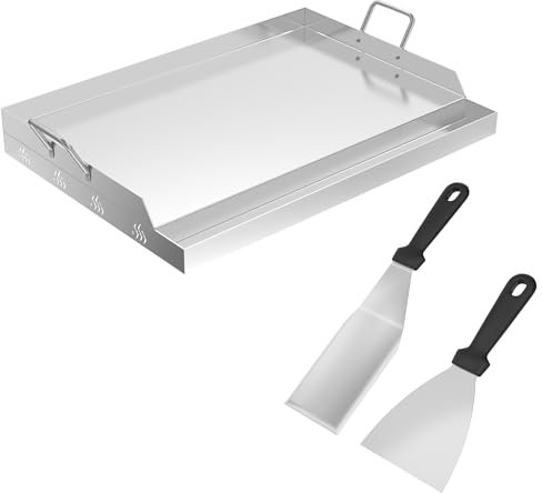 SUBTLETY Piastre per barbecue da giardino, 2 mm, in acciaio massiccio, con 2 spatole, manico e griglia del grasso, piastra universale per barbecue a gas e carbone, Plancha, per feste (61 x 41 x 7 cm)
