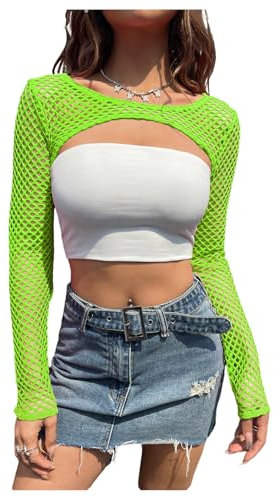 GORGLITTER Women's Fishnet Sheer Bolero Shrug Crewneck Long Sleeve Sexy Skinny Clubwear Y2k Crop Tops Lime Green Medium