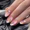 24Pcs Press on Nails Short Almond Fake Nails French Tip Glossy Nude with Elegant Purple Flower Design Acrylic Stick on for Women