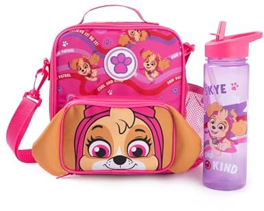Paw Patrol Skye Girls Pink Purple Lunch Bag and Bottle Set | Cool and Kind Cartoon Character Carry Strap Lunchbox | Back to School Hydration Kit | Girls Merch