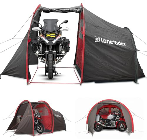 Lone Rider Moto Tent 2 Man - Waterproof Motorcycle Camping with Bike Garage | Fully waterproof MotoTent with separate bike storage area. Includes carry bag, groundsheet & 18 pegs. Fast pole setup.