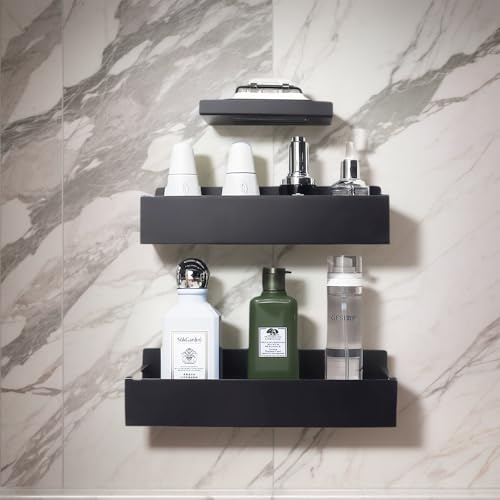 Ziyonix Étagère Douche sans Percage 3 Pièces Etagère Douche Antirouille avec 4 Crochets Etagere Salle de Bain Sans Percage, douche Porte Shampoing Drainable avec Porte Savon, Noir