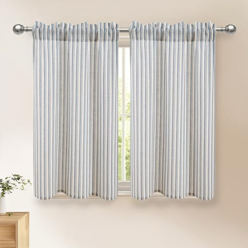 DWCN Kurze Vorhänge Scheibengardinen Halbtransparent H120xB60cm 2er Set | Gestreift Blau, B60cm 2er Set Leinenoptik Gardinen Kurz Schrankvorhang Modern Bistrogardine für Badezimmer Kinderzimmer