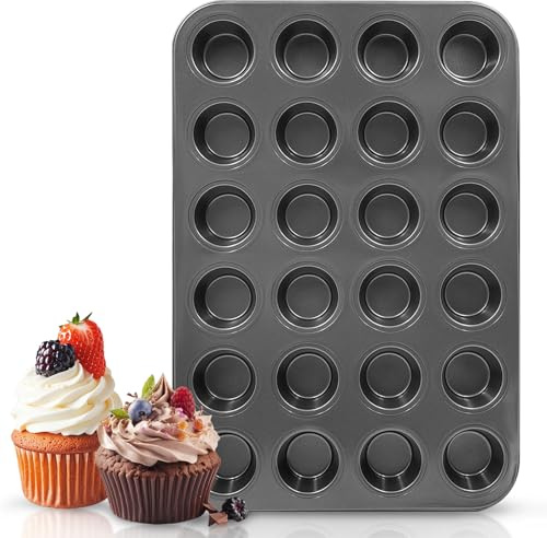 OVBOVA 24-Cup Mini Muffin Tray, Black Carbon Steel Non-Stick Muffin Tin for Muffins, Cupcakes & Yorkshire Puddings, Ideal for Home Baking, Party, Family Gatherings, 1-Piece Set (37.5x25.5cm)