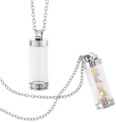 FINGERINSPIRE 2 Set Glass Bottle Necklace Kit: 2Pcs Clear Glass Bottle Pendant with 2Pcs 304 Stainless Steel Chain 38mm Clear Vial Urn Jewelry for Ashes, Sand & Keepsakes, Lobster Clasp Design
