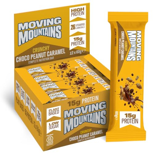 Moving Mountains Crunchy Choco Peanut Caramel Vegan Protein Bars, 12 × 60 g | High-protein vegan complete nutrition bar with 15g plant protein, 26 vitamins & minerals, high fibre, low sugar
