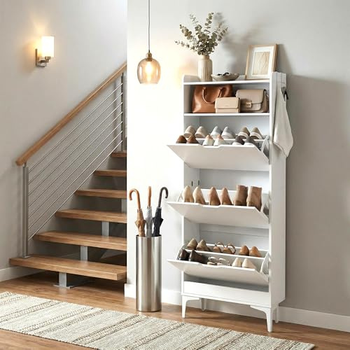 EGGREE Zapatero Alto y Estrecho con 3 Puertas Abatibles y Compartimento Abierto, Mueble Ahorrador de Espacio para Pasillo, Apartamento, Habitaciones, Blanco, 60x24x159 cm