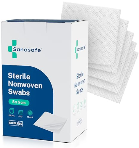 Sanosafe Garze Sterili 5x5 cm 100 pezzi | Garza in tessuto non tessuto per medicazione | Morbide, assorbenti e senza pelucchi