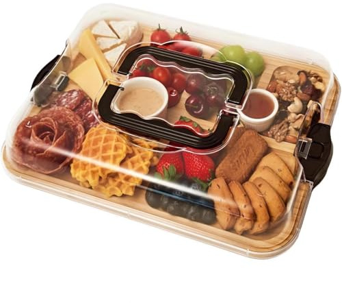 Tragbares Bambus-Käsebrett mit Deckel, Charcuterie-Boxen für Party | Servierplatte für Obst, Snacks, Fleisch, Dessert, Charcuterie Board mit Fächern, Mit Griff, Für Party und Picknick