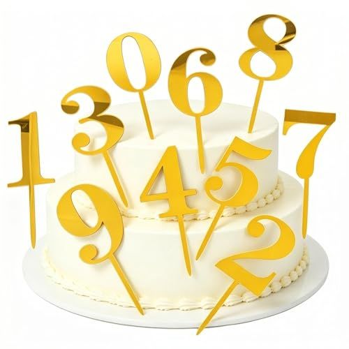 Personalised Acrylic Cake Topper Set,QIANSSE 0 9 Gold Number | Cake Topper Personalised for Birthday Wedding Anniversary Party Decorations 10PCS Reusable