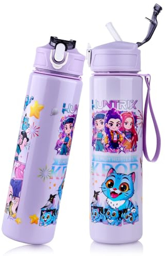 Sinmaklin Water Bottle with Straw, Leakproof Water Bottle for Girls, 24oz/700ml, for School, Camping, Travel