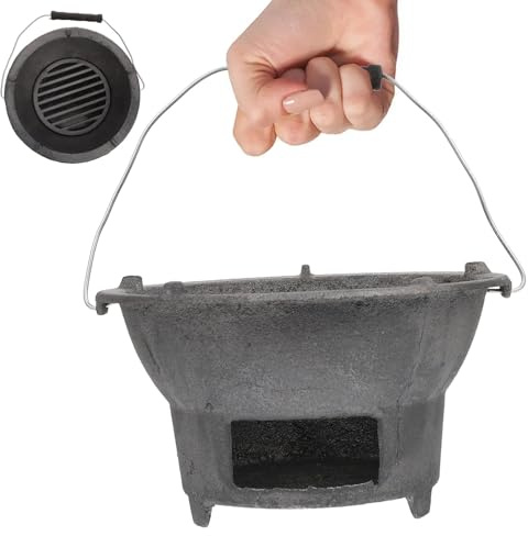 CIYODO Cast Iron Outdoor BBQ Grill with Charcoal Grilling Tray, Portable Barbecue Supplies for Mountaineering and Outdoors, Smooth Curve, Silver