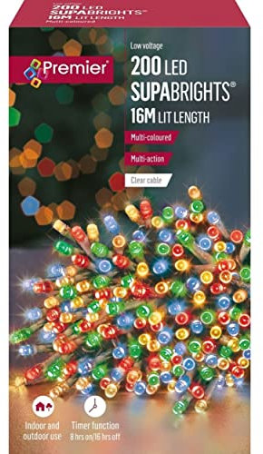 Premier 200 LED Multi Action supabrights Multi Coloured with Clear Cable