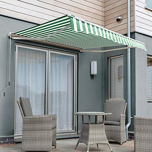 Primrose 6.0m x 3.0m Electric Awning Half Cassette DIY Patio Awning Gazebo Canopy (19ft 8) with Fittings and Winder Handle (Green and White Stripe)