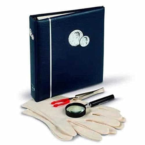 Leuchtturm 347925 4-teiliges Starterset - Münzalbum NUMIS inkl. 5 Hüllen, Stiellupe, Münzhandschuhe und Münzpinzette