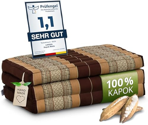 livasia Nachhaltige Kindermatratze aus Kapok - 140x70x8cm - Klappmatratze, Reisebett Kinderbett faltbar, ökologische Yogamatte klappbar, Spielmatte, Liege für Garten und Balkon (Braun)
