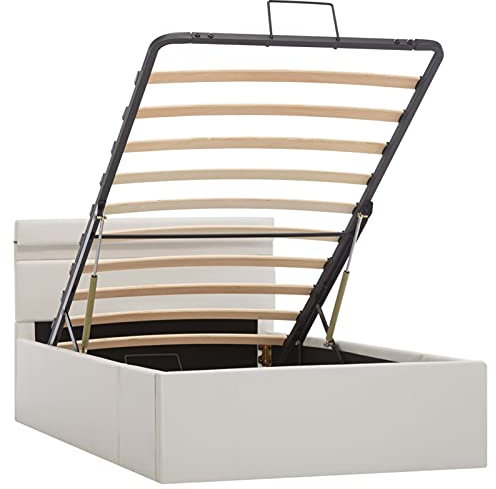 vidaXL Stauraumbett Hydraulisch LED Polsterbett Einzelbett Bett Schlafzimmerbett Kunstlederbett Bettrahmen Bettgestell Lattenrost Weiß 100x200cm