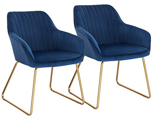 WOLTU Esszimmerstühle 2er Set Küchenstühle Wohnzimmerstühle Polsterstühle Sessel, Armlehnstühle mit Rückenlehne, für Esszimmer, Küche, Wohnzimmer, Samt, Gold Metallbeine, Blau, BH246bl-2