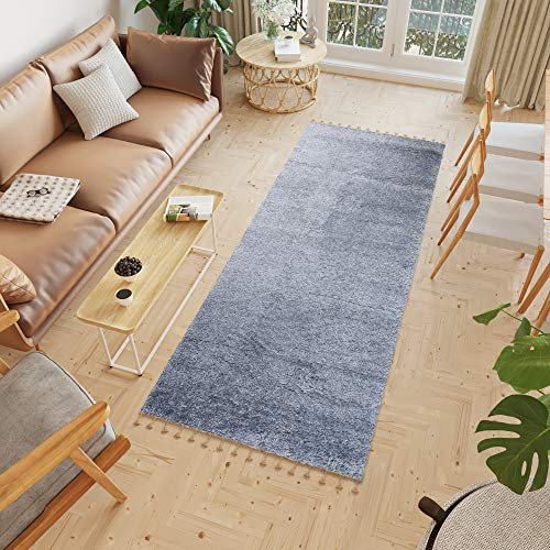 TAPISO Versay Fransen Teppich Läufer Shaggy Hochflor Langflor Modern Einfarbig Design Blau Wohnzimmer Schlafzimmer Küche ÖKOTEX 100 x 350 cm