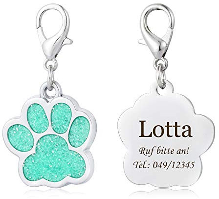 Pfote Hundemarke mit Gravur für Hunde und Katzen Pfotenabdruckmotiv ID-Tags Adressanhänger (Grün)