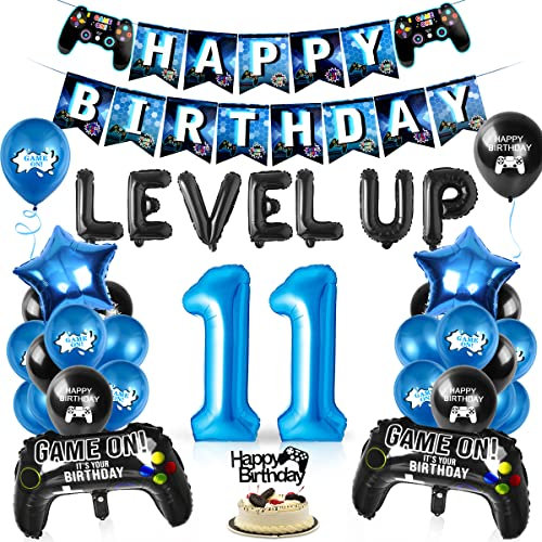 Videospiel Luftballon 11. Geburtstag Blau, 11 Jahre Junge Spiel, Ballons Blau Schwarz, Zahl 11 Folienballon, für Kinder Junge Party Dekoration