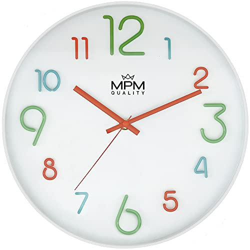 MPM Quality Bunte Kinder Wanduhr aus Kunststoff in Weiß mit großen bunten Ziffern, für ungestörtes Spielen, Quarz-Uhrwerk, geeignet besonders für Kinderzimmer, Kindergarten, die Schule