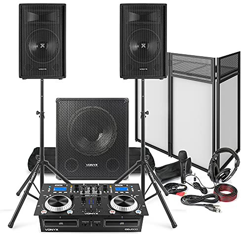 VONYX Complete Mobile Disco DJ Setup - Portable PA System Bundle with CD Mixer, DJ Booth, Bluetooth Amplifier & Speaker Package Ideal for Beginners, Parties and Events