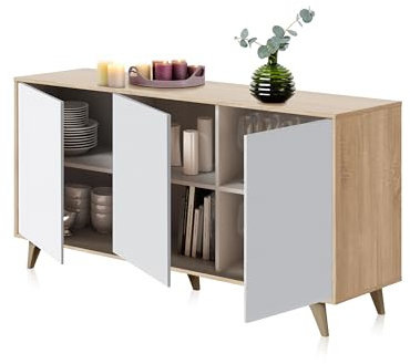 Habitdesign Buffet 3 Portes, Buffet pour salon, Armoire Auxiliaire, Modèle Kikua Plus, Finition en Blanc Artik et Chêne Canadian, Dimensions: 154 cm (Largeur) x 75 cm (Hauteur) x 40 cm (Profondeur)
